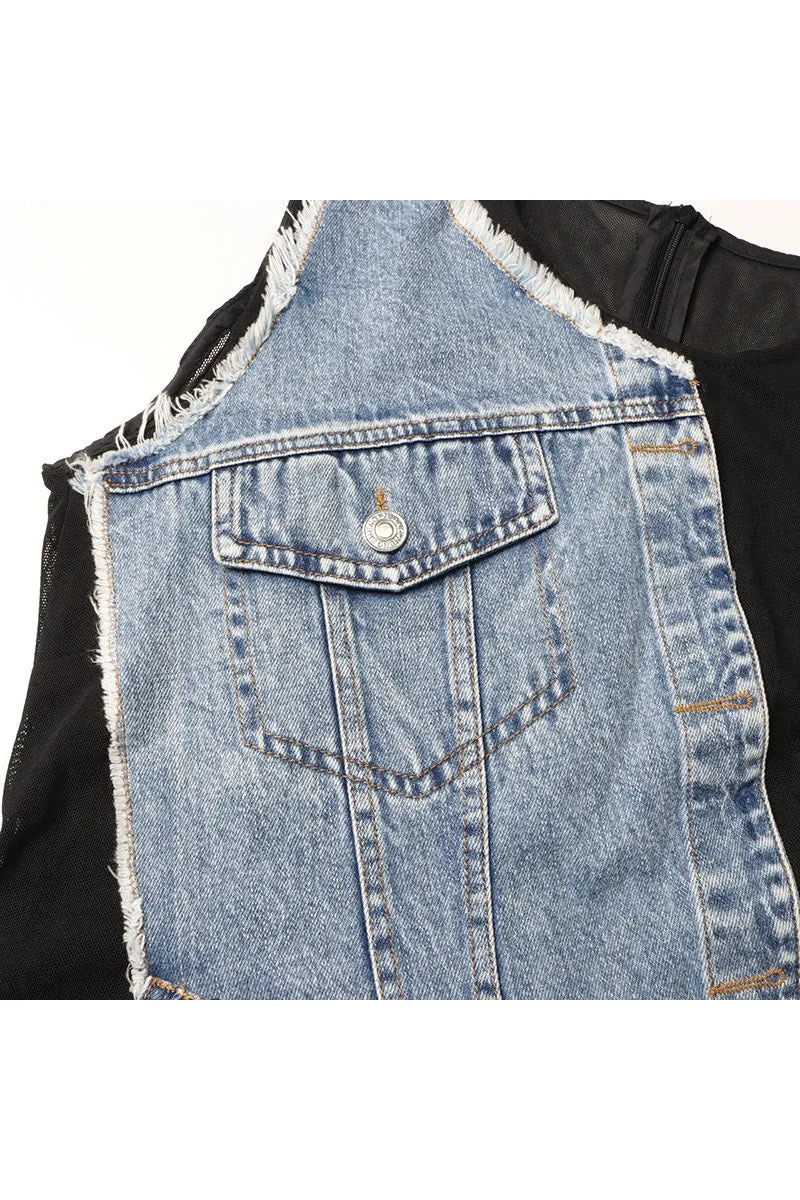 BM0348 Mesh Denim Mini Dress