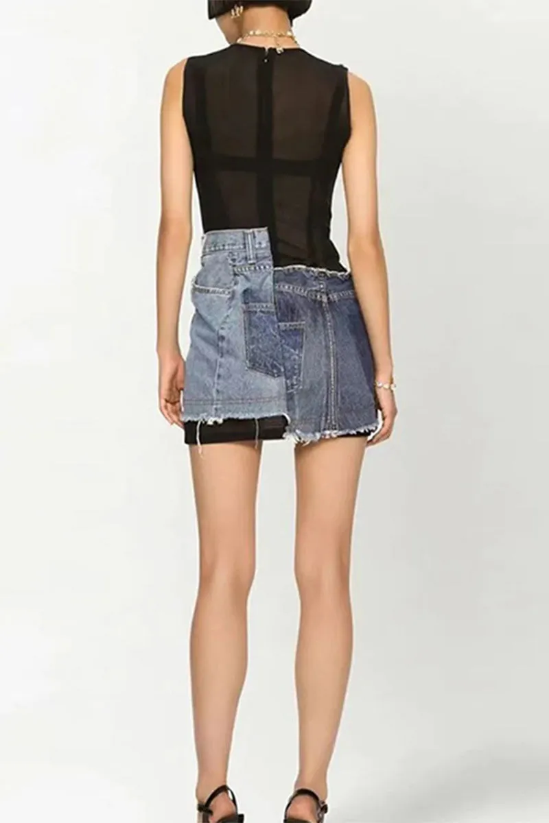 BM0348 Mesh Denim Mini Dress
