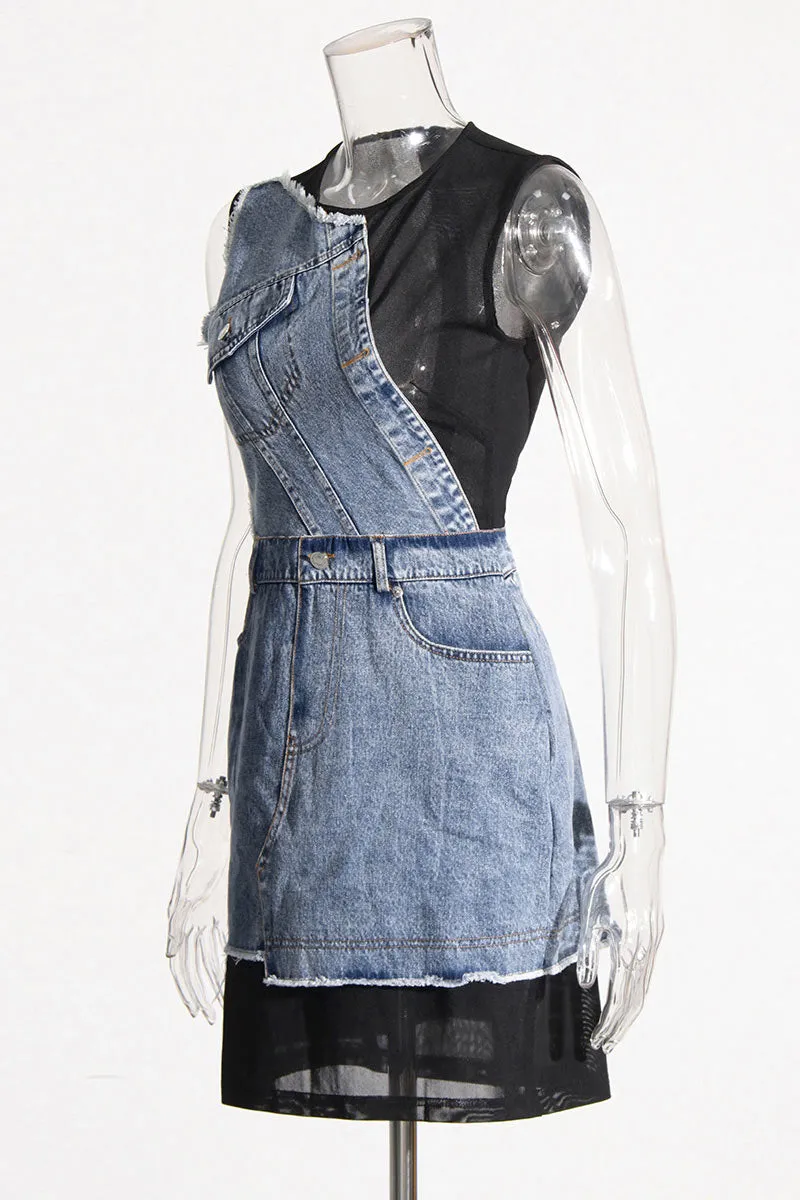 BM0348 Mesh Denim Mini Dress