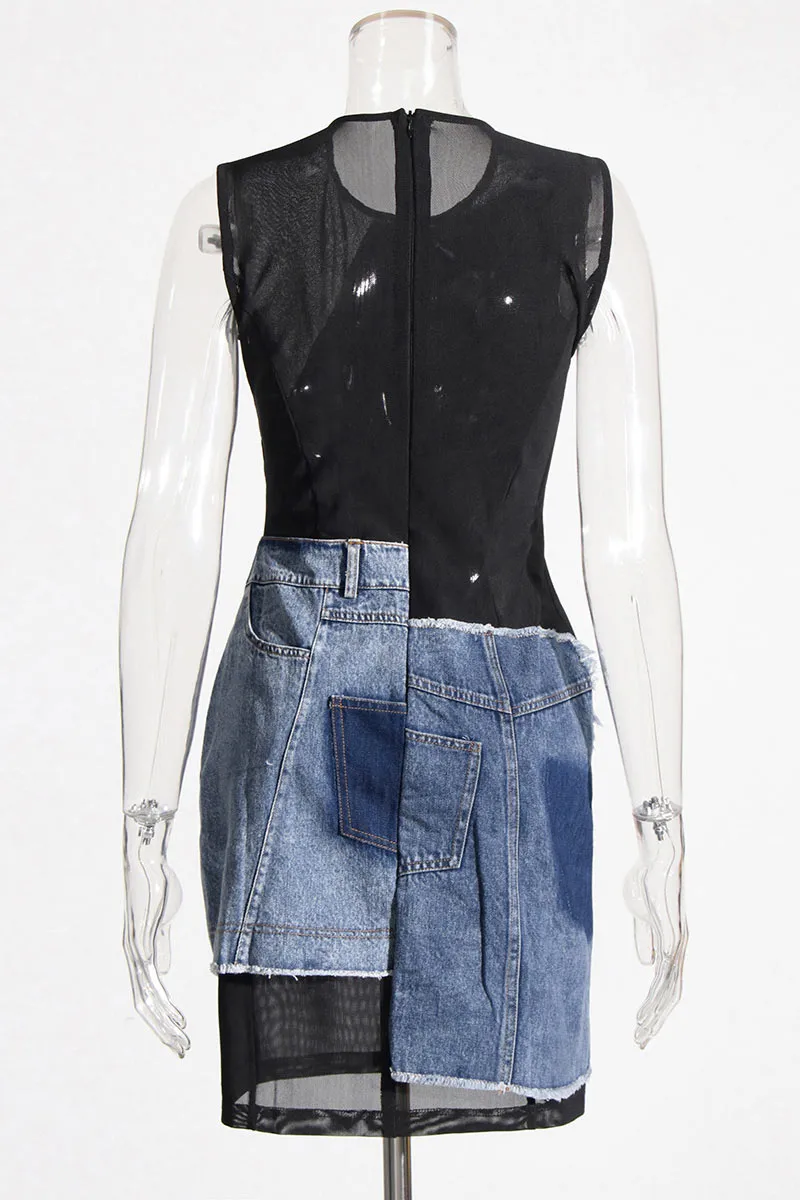 BM0348 Mesh Denim Mini Dress