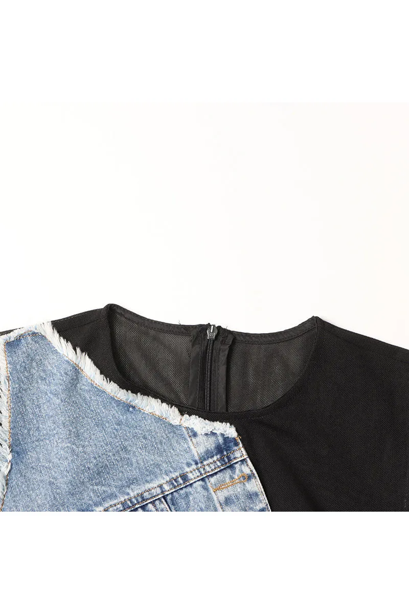BM0348 Mesh Denim Mini Dress