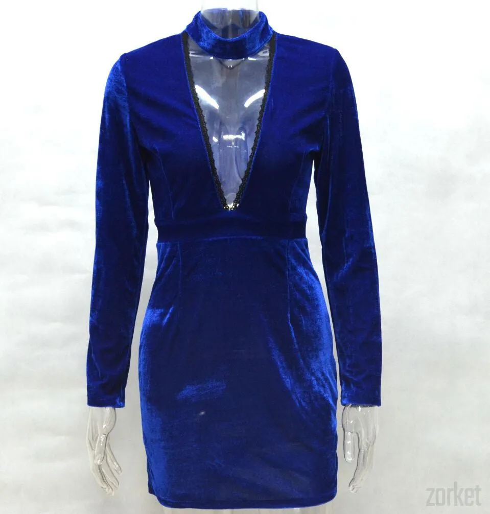 Bodycon Velvet Dress With Deep V-Neck