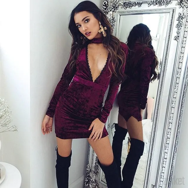 Bodycon Velvet Dress With Deep V-Neck