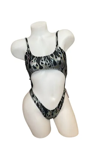 Bralette Top Thong Back Bodysuit Silver Flames