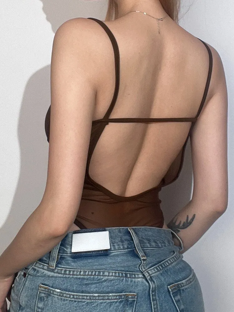 Brown V Neck Mesh Backless see-through Bodysuit