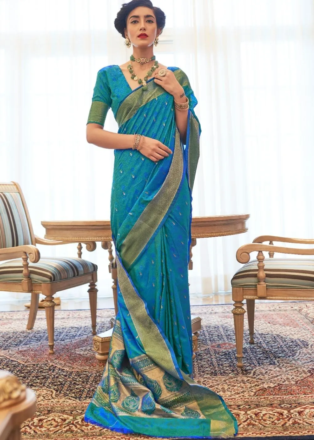 Cerulean Blue Ultra Soft Kanjivaram Silk Saree with Zari  Border and Pallu
