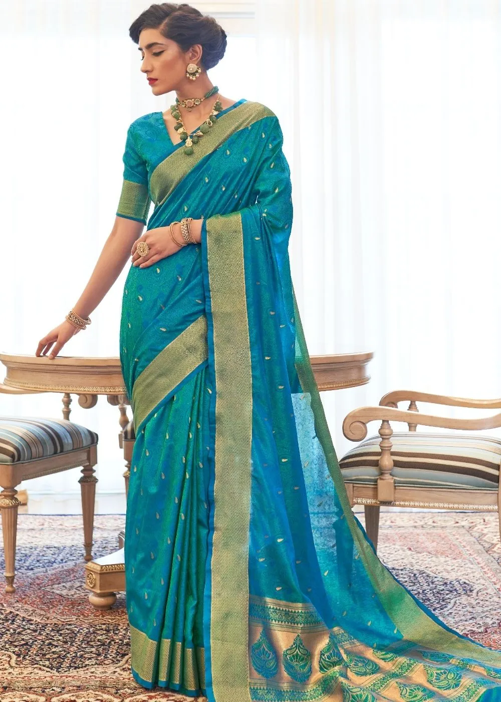 Cerulean Blue Ultra Soft Kanjivaram Silk Saree with Zari  Border and Pallu