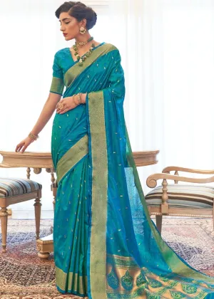 Cerulean Blue Ultra Soft Kanjivaram Silk Saree with Zari  Border and Pallu