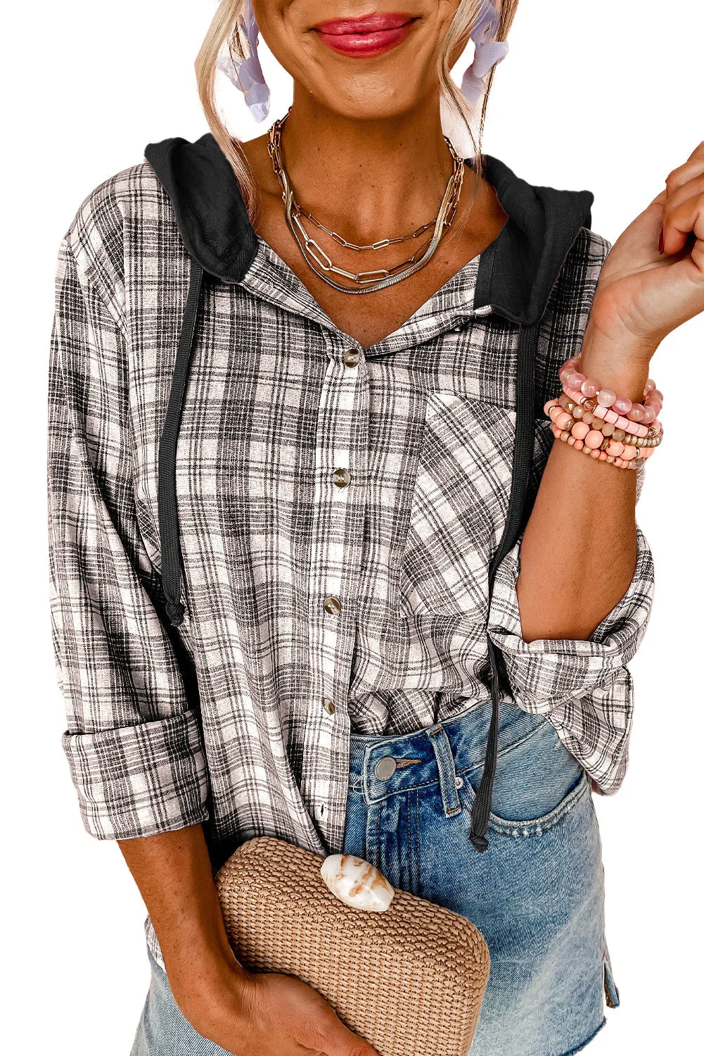 Checkered Print Loose Fit Buttoned Hooded Shacket