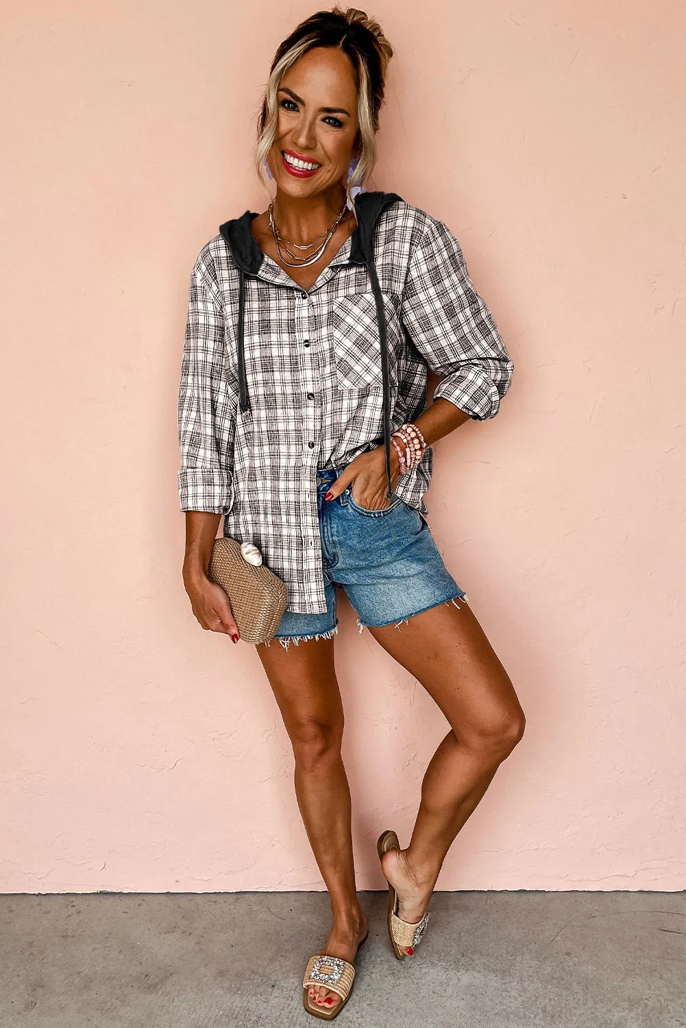 Checkered Print Loose Fit Buttoned Hooded Shacket