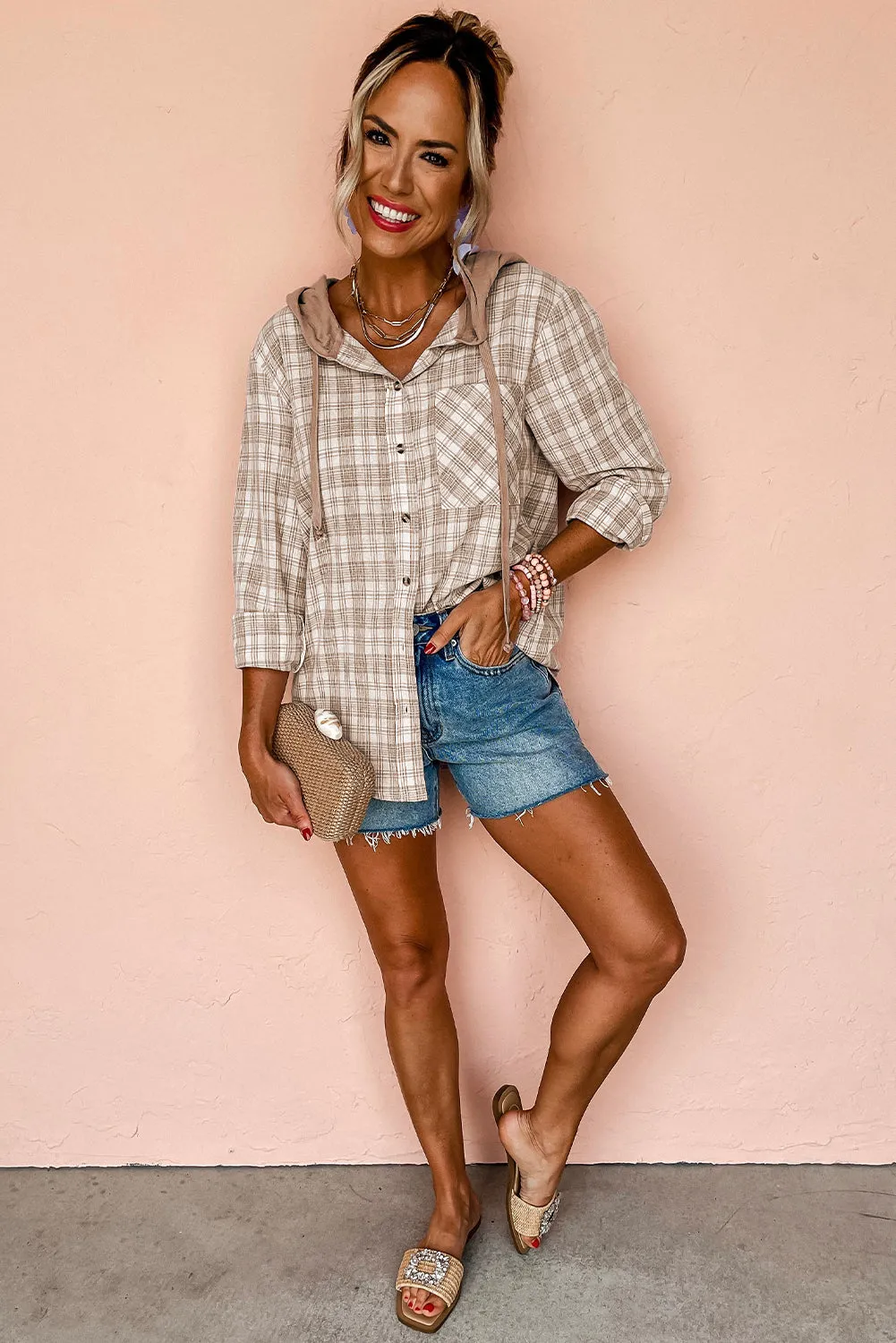 Checkered Print Loose Fit Buttoned Hooded Shacket