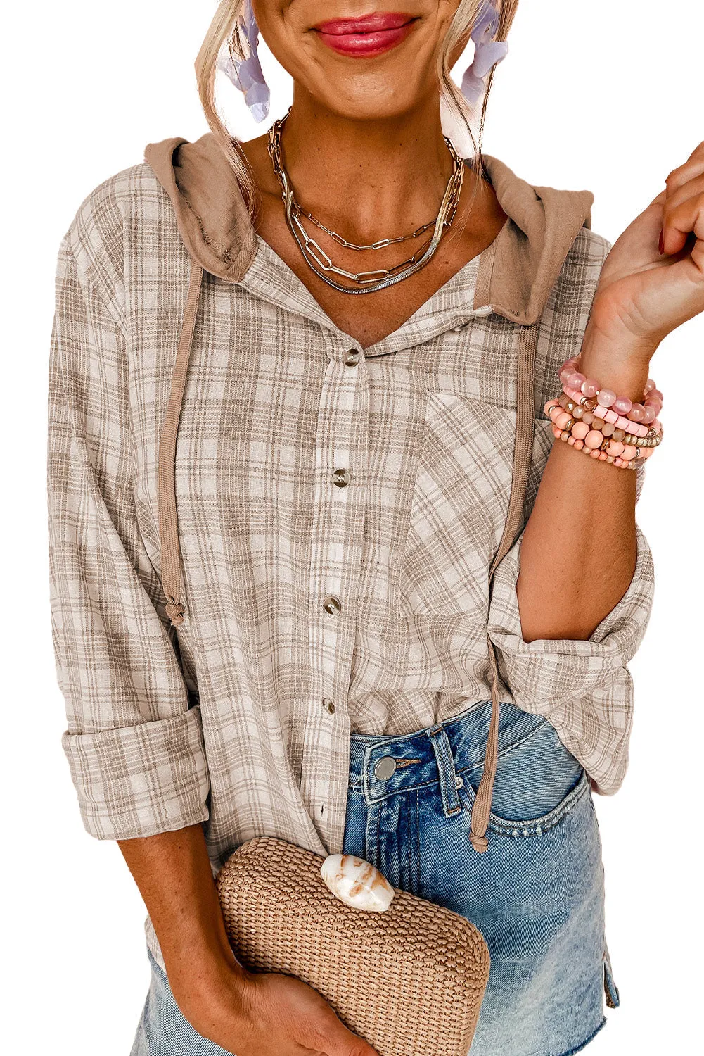 Checkered Print Loose Fit Buttoned Hooded Shacket