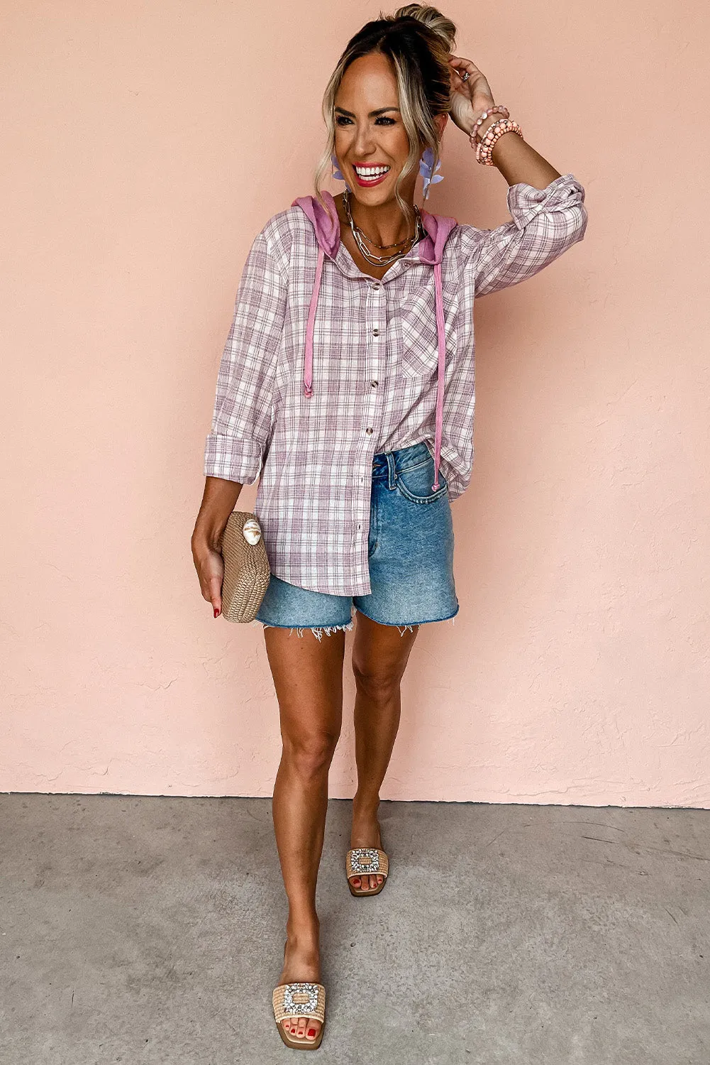 Checkered Print Loose Fit Buttoned Hooded Shacket