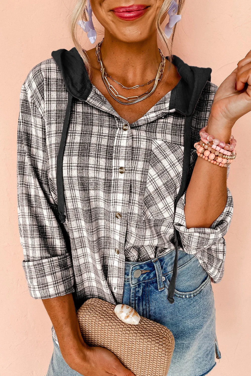 Checkered Print Loose Fit Buttoned Hooded Shacket