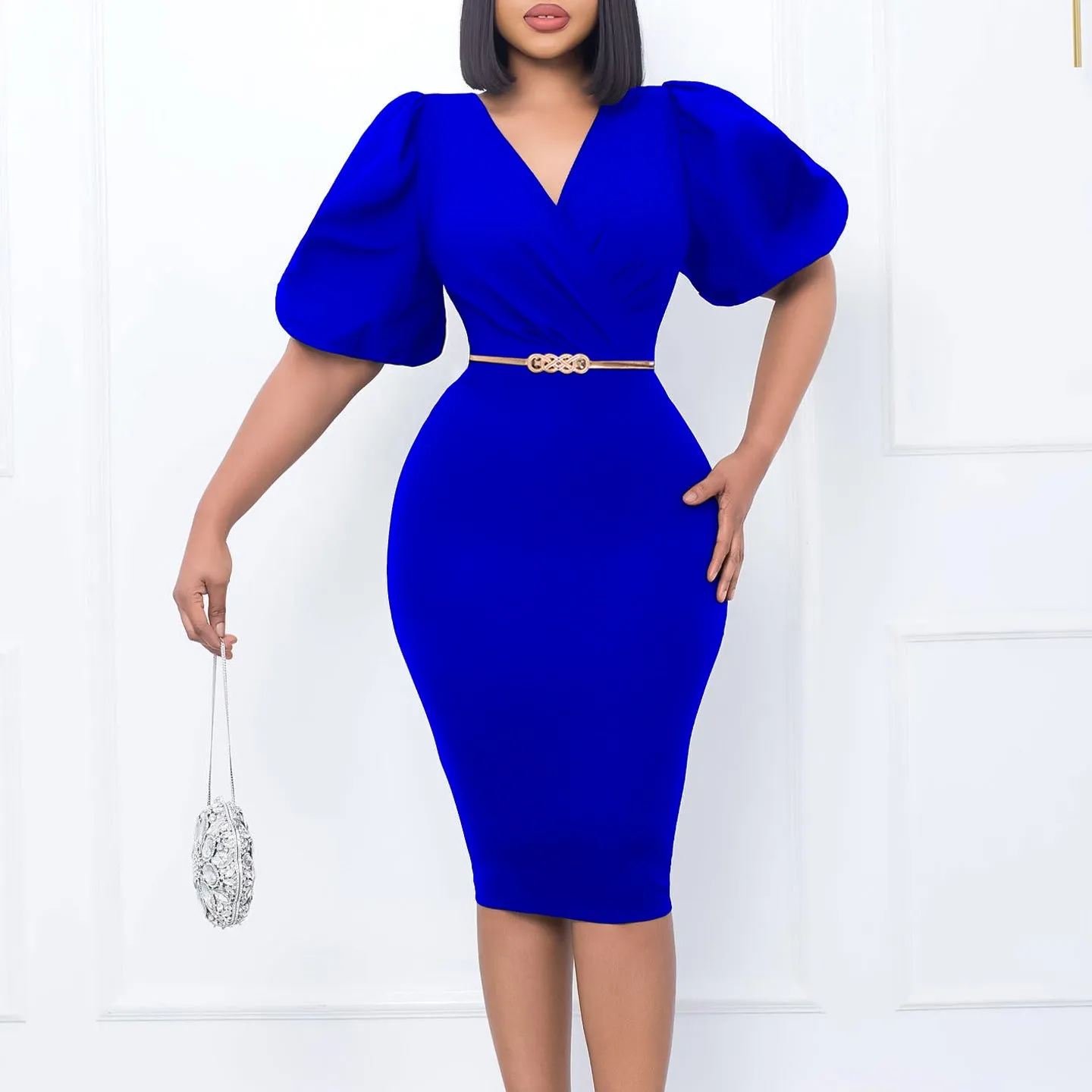 Chic Commuting Bubble Sleeve V-Neck Bodycon Dress