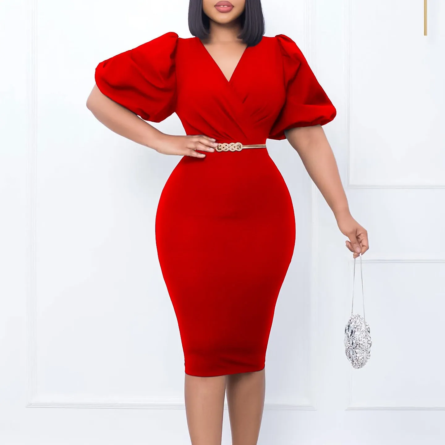 Chic Commuting Bubble Sleeve V-Neck Bodycon Dress