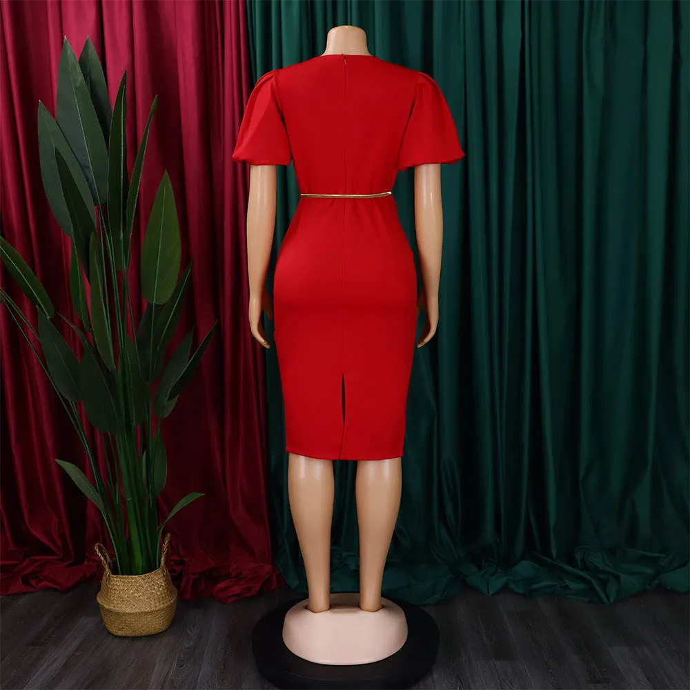 Chic Commuting Bubble Sleeve V-Neck Bodycon Dress