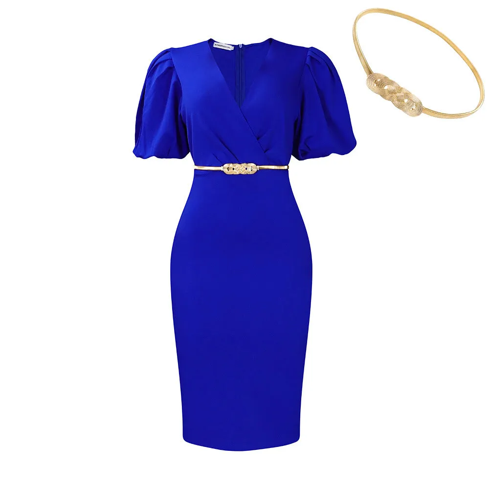 Chic Commuting Bubble Sleeve V-Neck Bodycon Dress