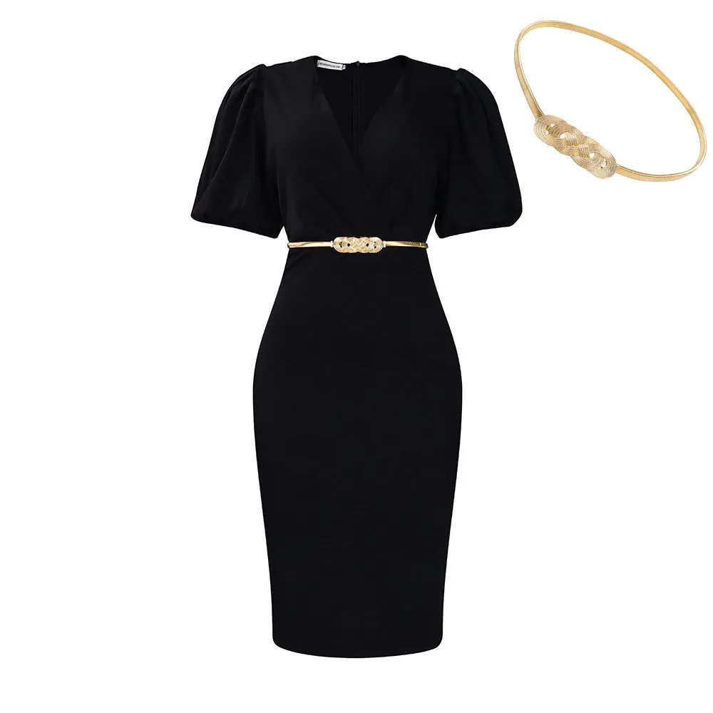 Chic Commuting Bubble Sleeve V-Neck Bodycon Dress