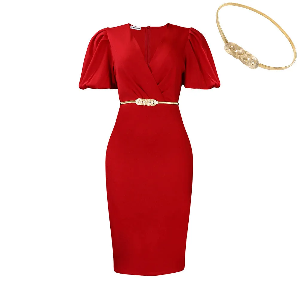 Chic Commuting Bubble Sleeve V-Neck Bodycon Dress