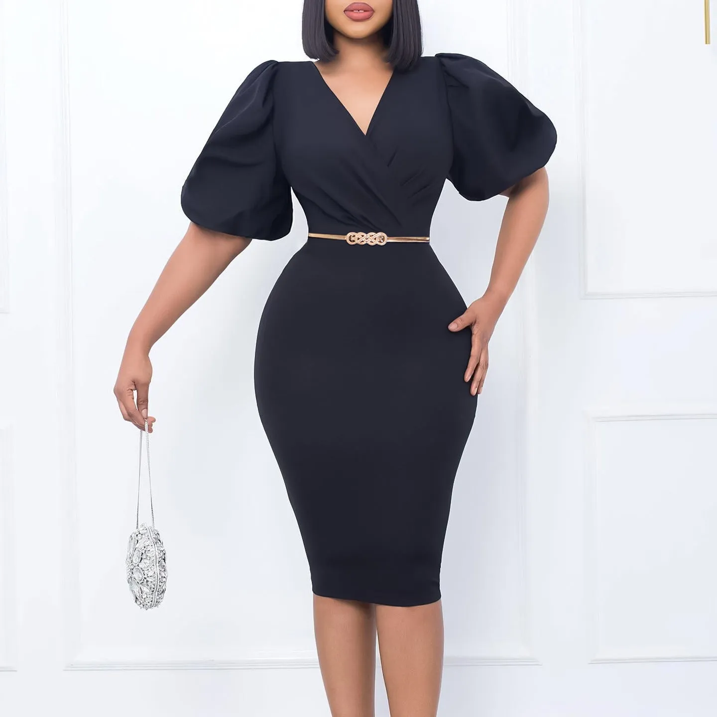 Chic Commuting Bubble Sleeve V-Neck Bodycon Dress