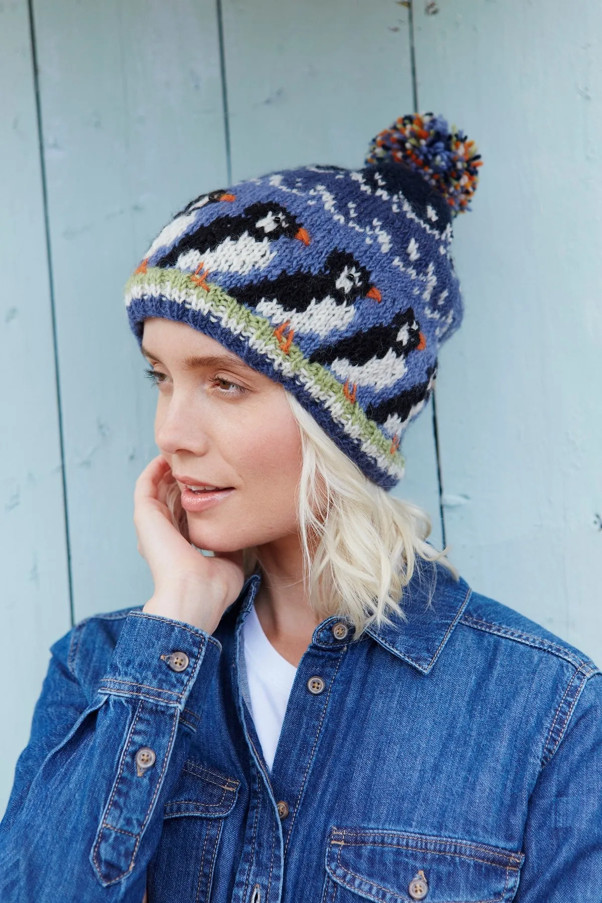 Circus Of Puffins Bobble Beanie Blue