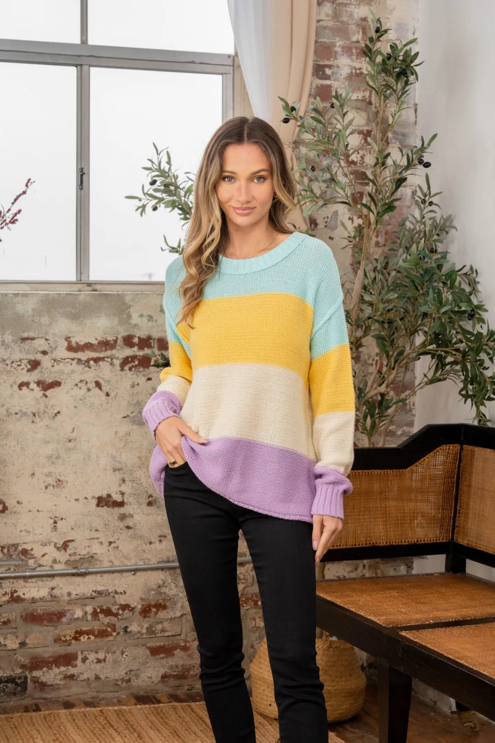 Color Block Yellow/Lilac Exposed Seam Sweater