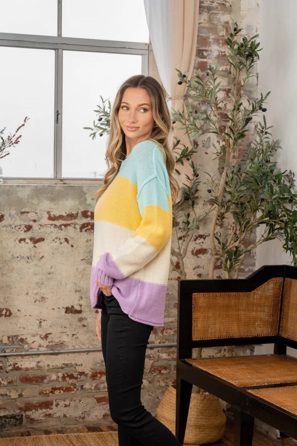 Color Block Yellow/Lilac Exposed Seam Sweater