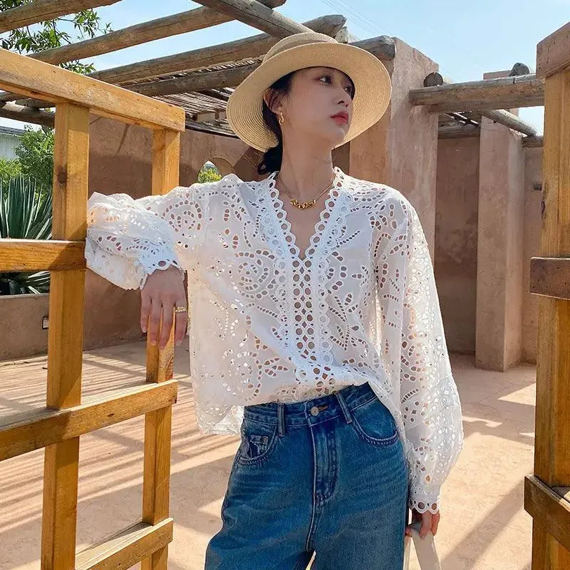Cotton Embroidered French White Shirt Women’s Long Sleeve Design Sense