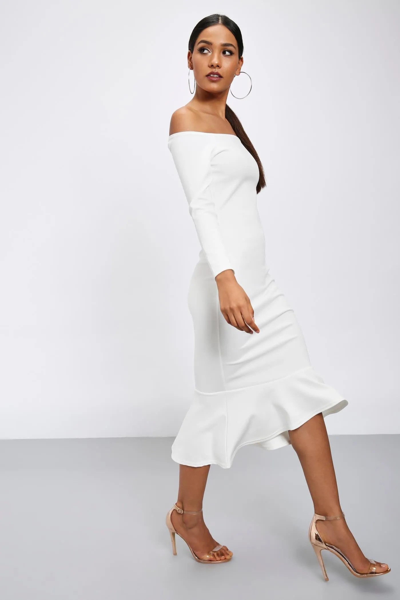 Cream Bardot Fluted Midi Dress