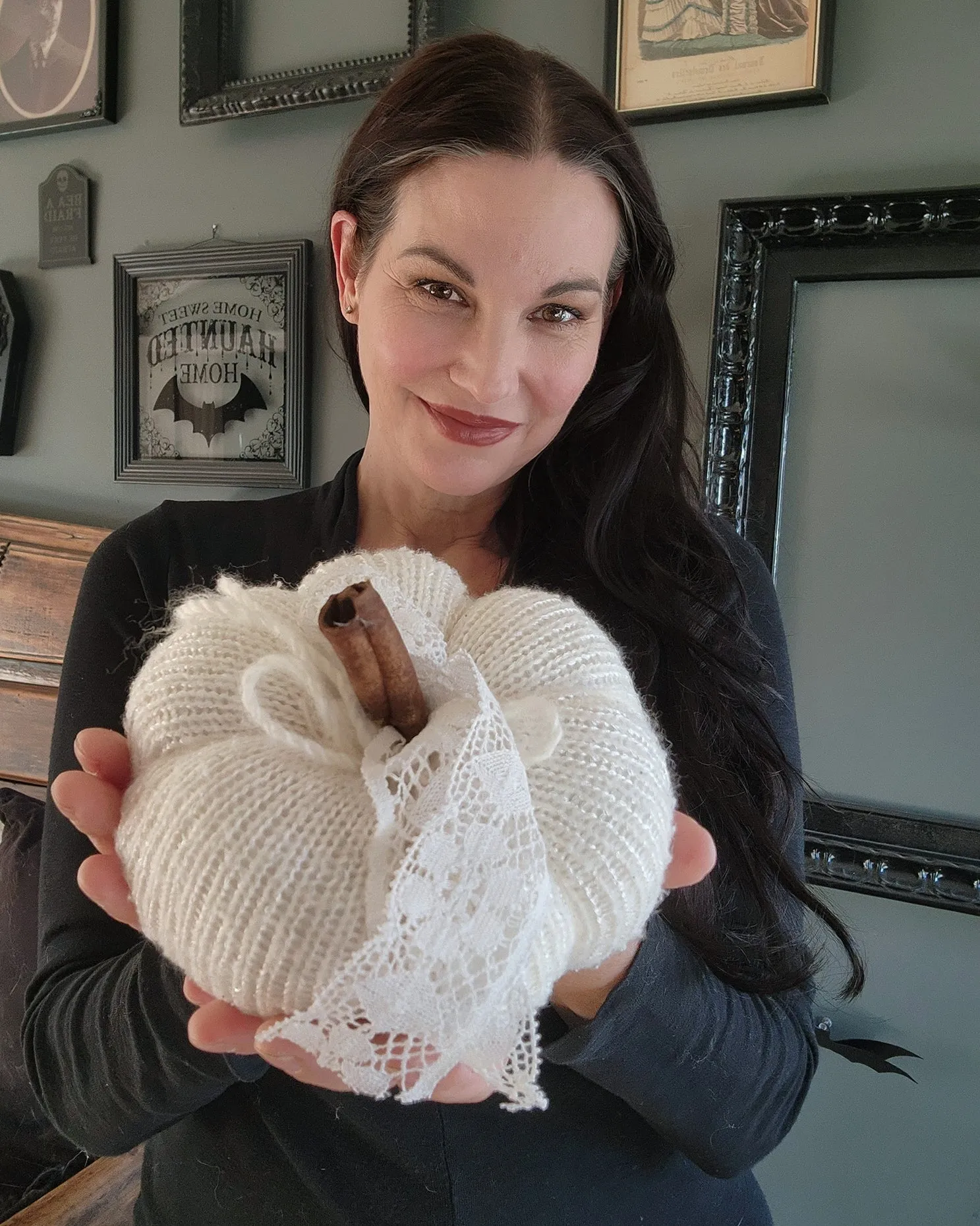 Creamy White Knit Pumpkin PIllow Pouf with Vintage Lace And Cinnamon Stick Stem