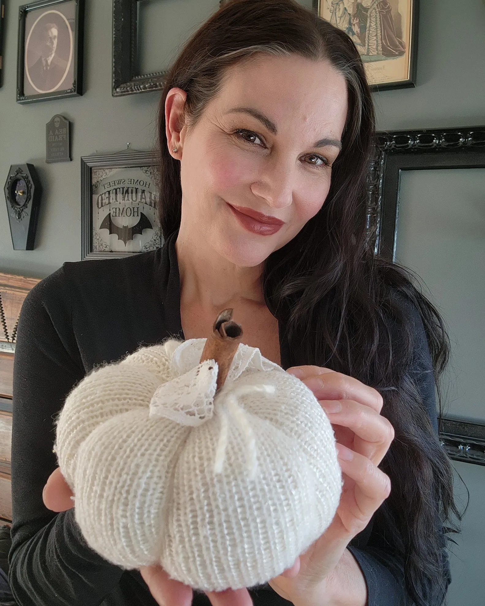 Creamy White Knit Pumpkin PIllow Pouf with Vintage Lace And Cinnamon Stick Stem
