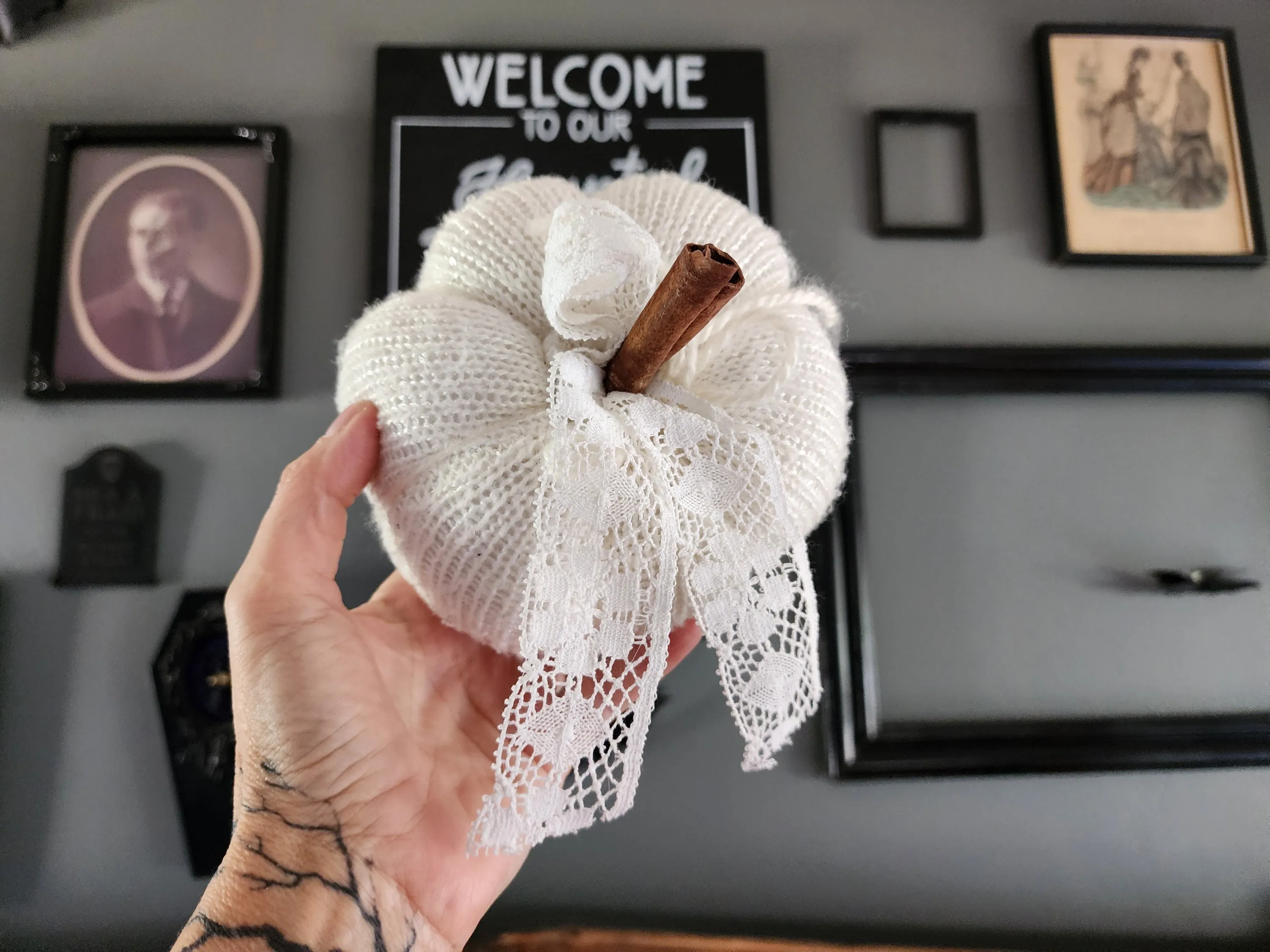 Creamy White Knit Pumpkin PIllow Pouf with Vintage Lace And Cinnamon Stick Stem