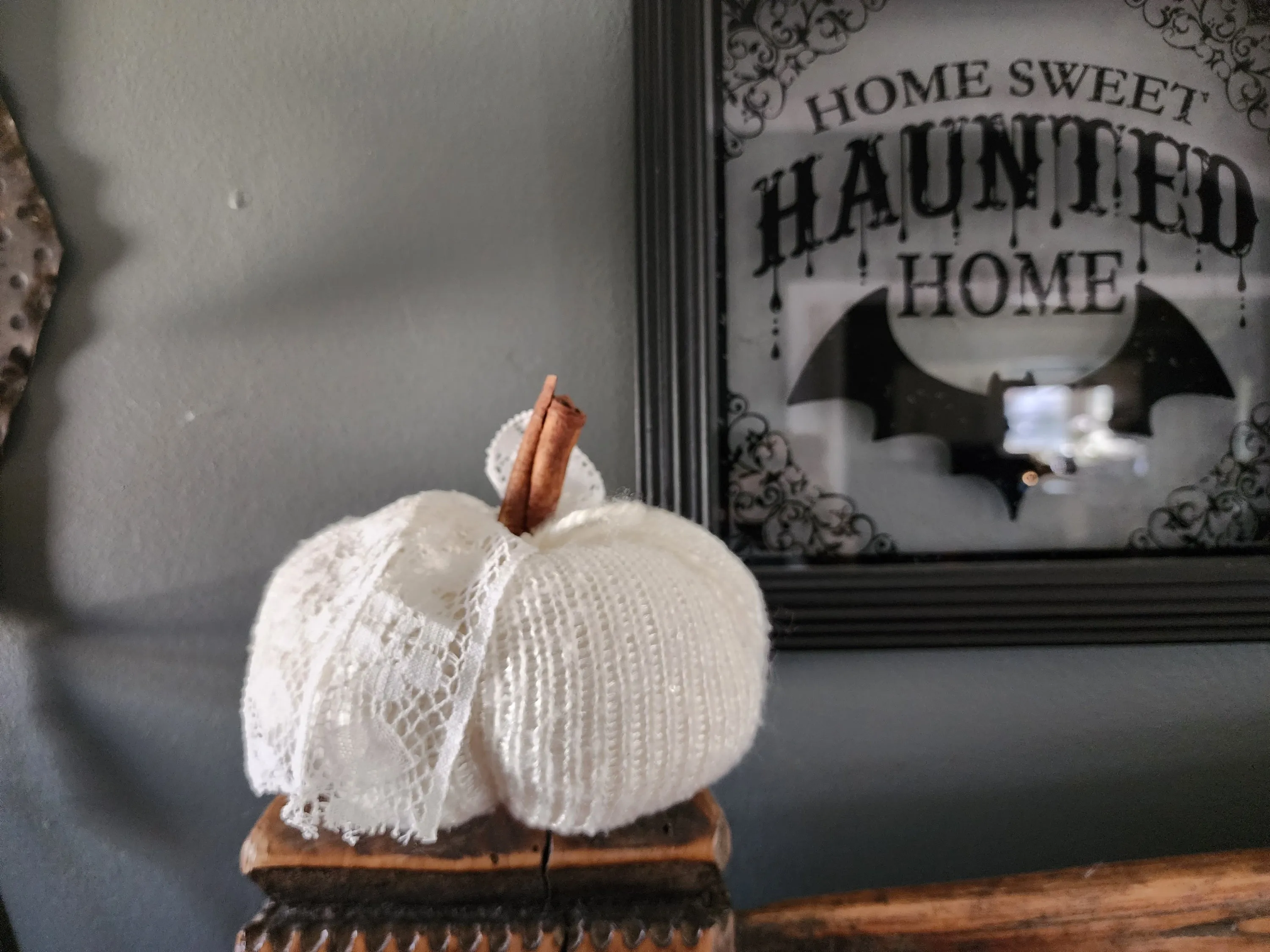Creamy White Knit Pumpkin PIllow Pouf with Vintage Lace And Cinnamon Stick Stem