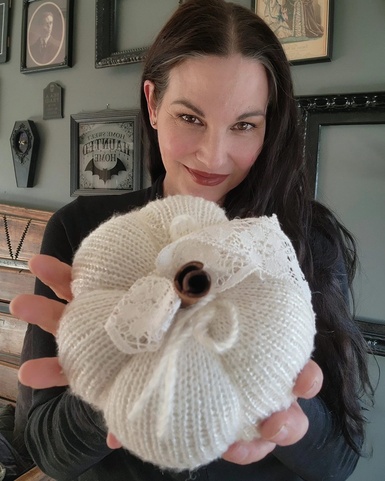 Creamy White Knit Pumpkin PIllow Pouf with Vintage Lace And Cinnamon Stick Stem