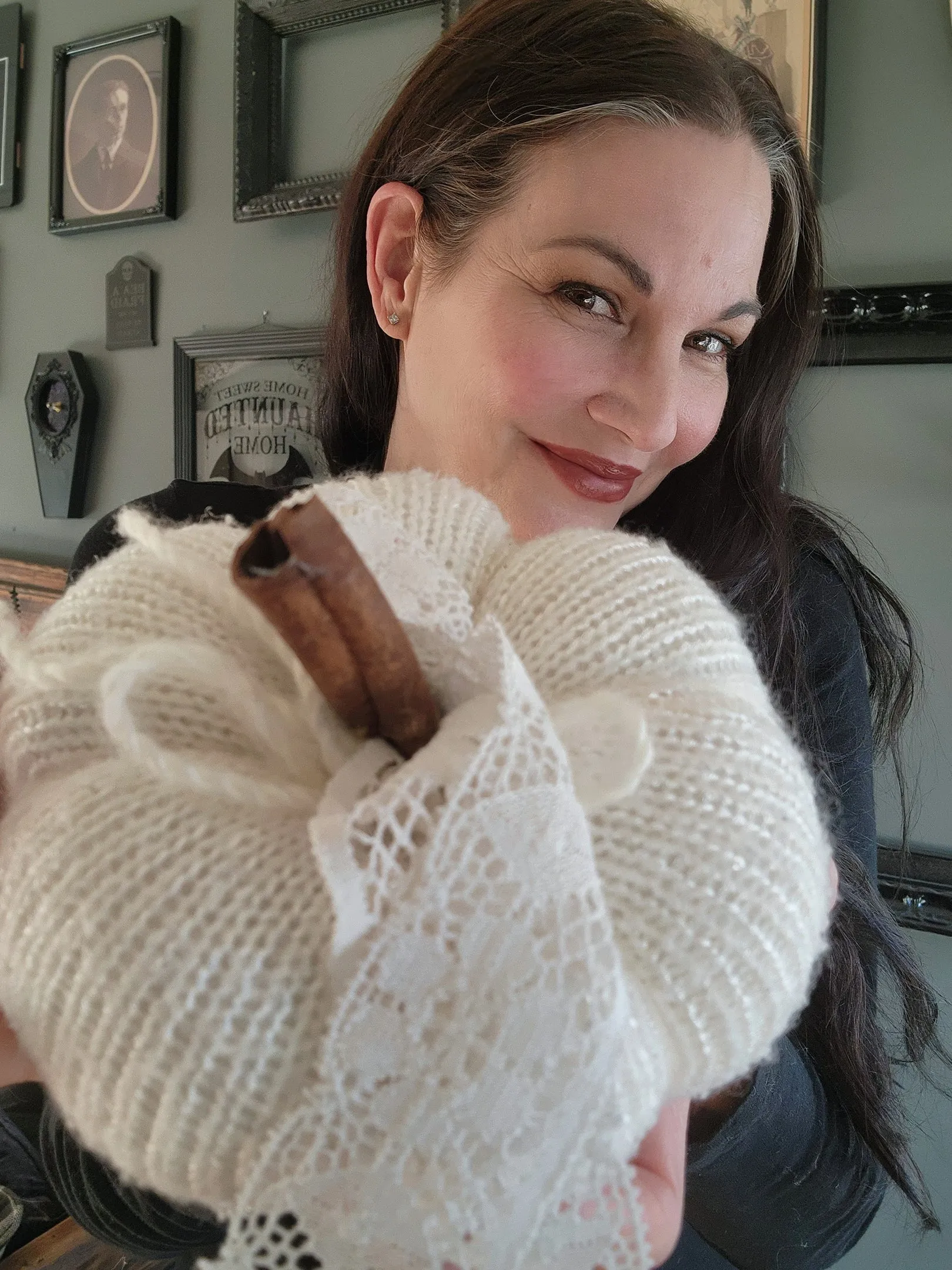Creamy White Knit Pumpkin PIllow Pouf with Vintage Lace And Cinnamon Stick Stem