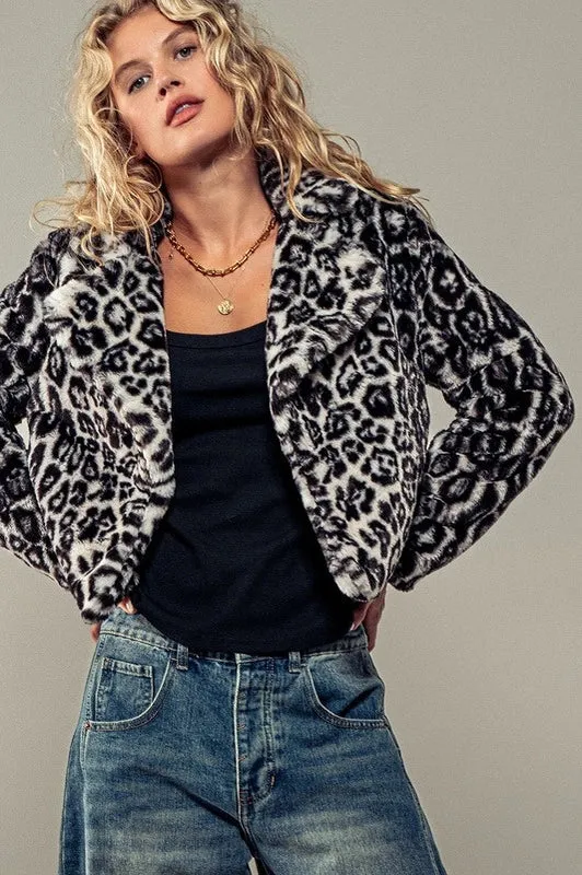 Cropped Animal Print Winter Coat BLACK
