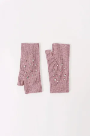 Crystal Embellished Angora Mittens - Dusty Rose
