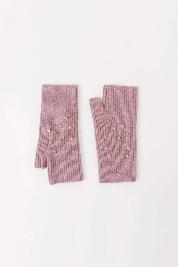 Crystal Embellished Angora Mittens - Dusty Rose