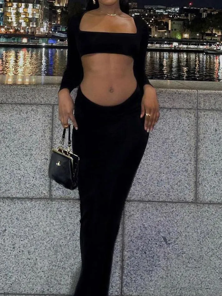 Cut Out Long Sleeve Rib Maxi Dresses