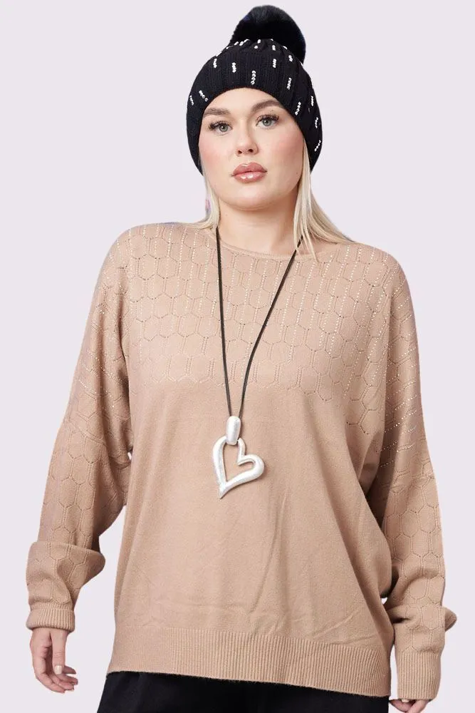 Diamante Cutwork Pattern Knit Tunic Viscose Top