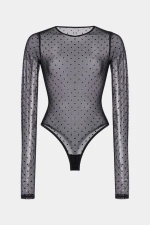 Dots Print Mesh Sheer  Round Neck Long Sleeve Bodysuit