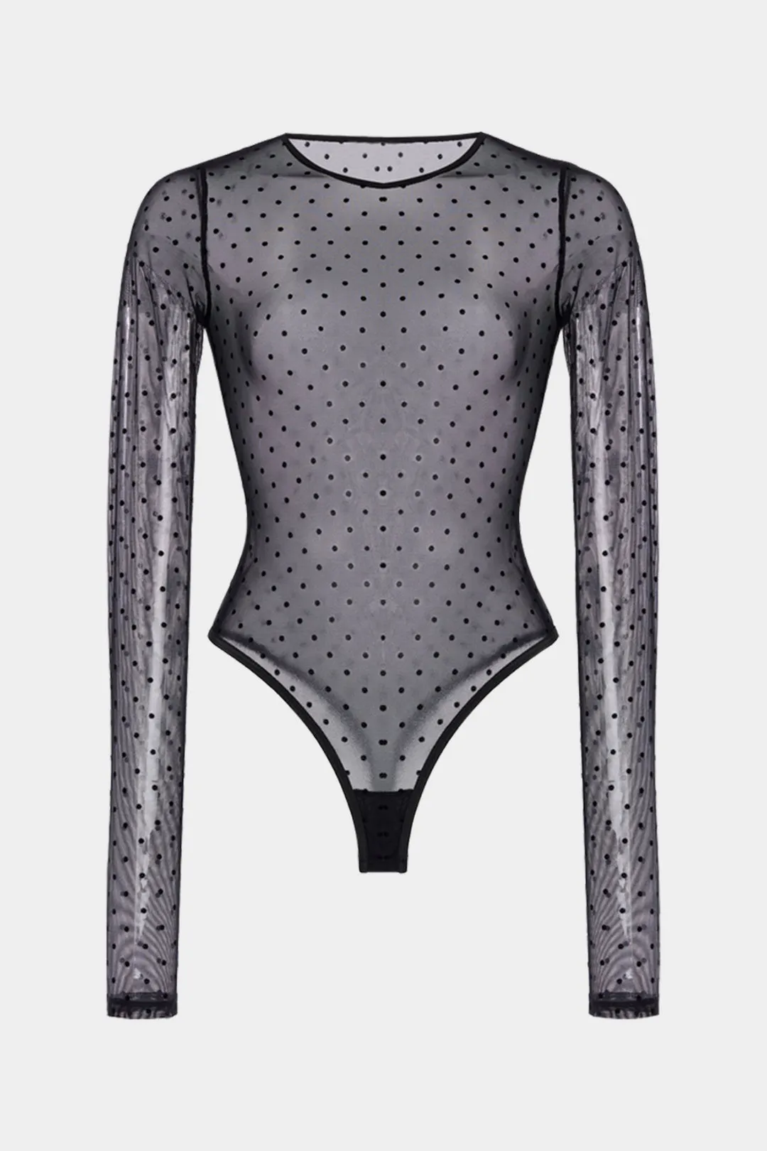 Dots Print Mesh Sheer  Round Neck Long Sleeve Bodysuit