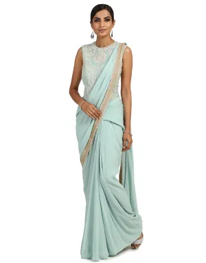 Drape Saree with Embroidered Bodysuit- Mint Green