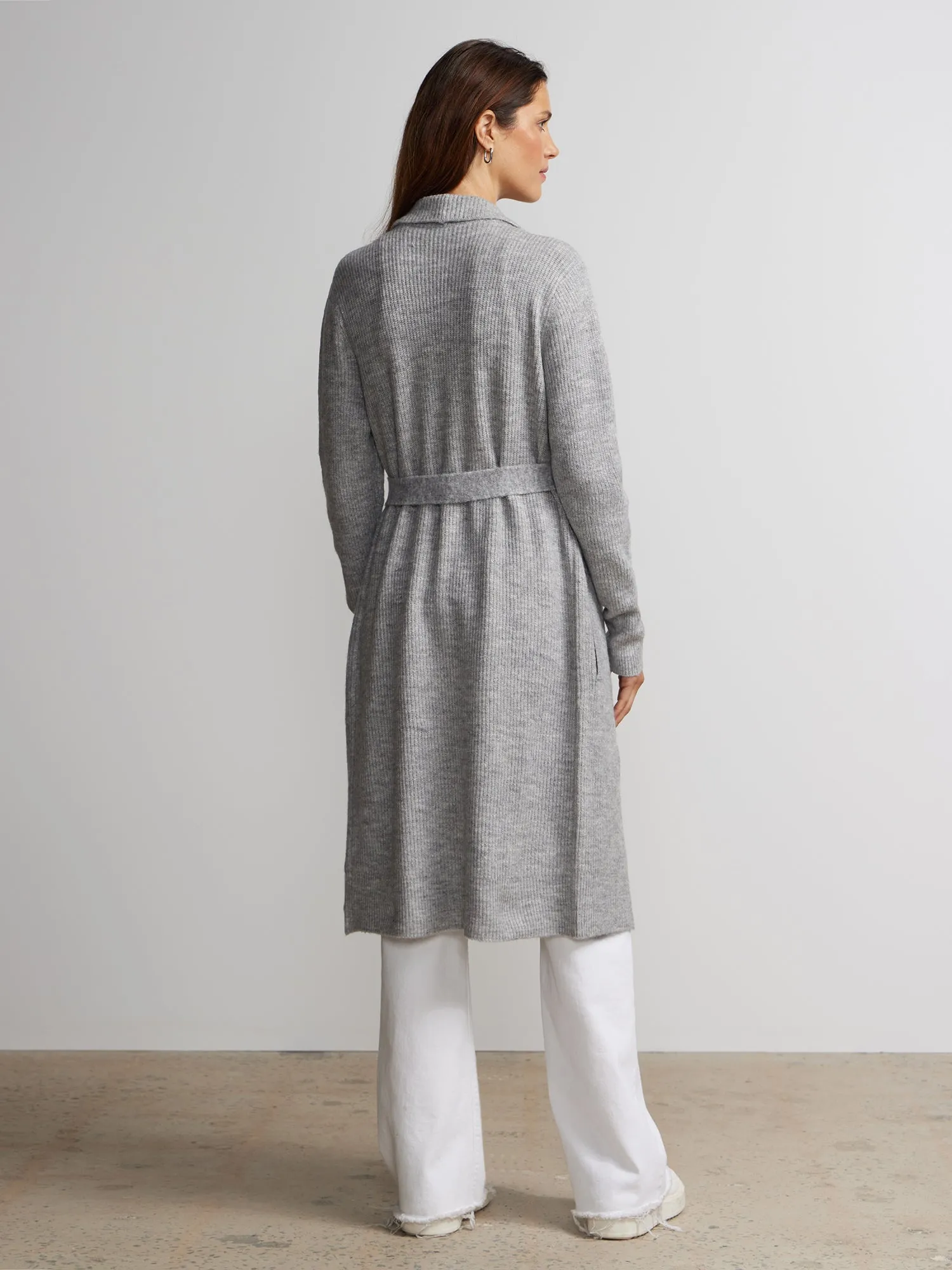 Draped Collar Tie Waist Long Cardigan