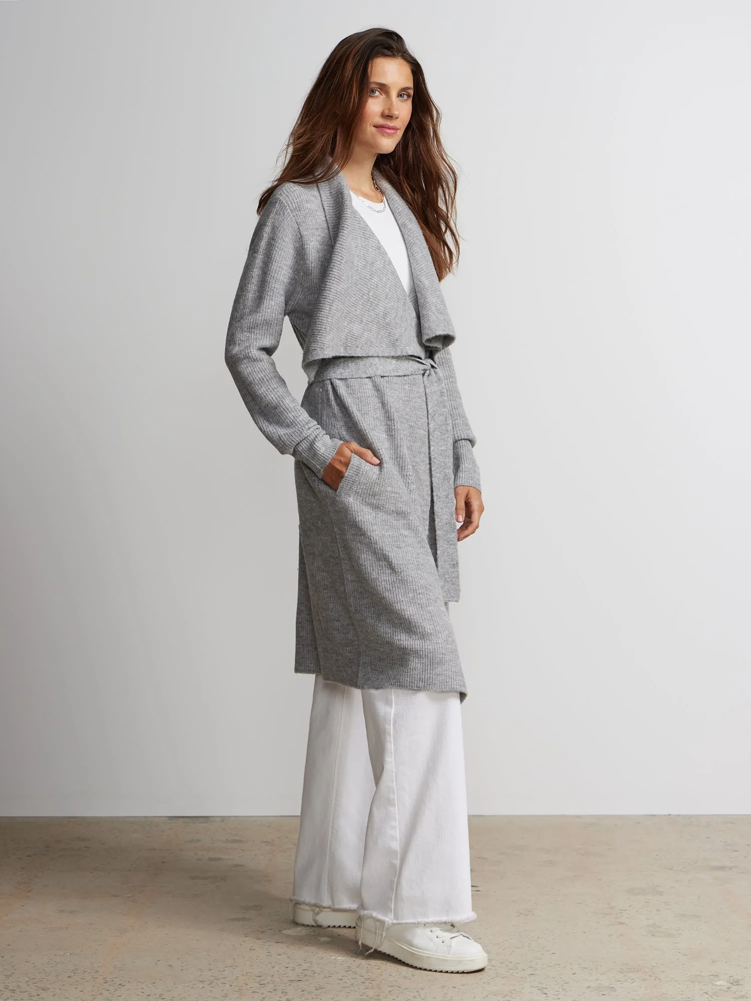 Draped Collar Tie Waist Long Cardigan