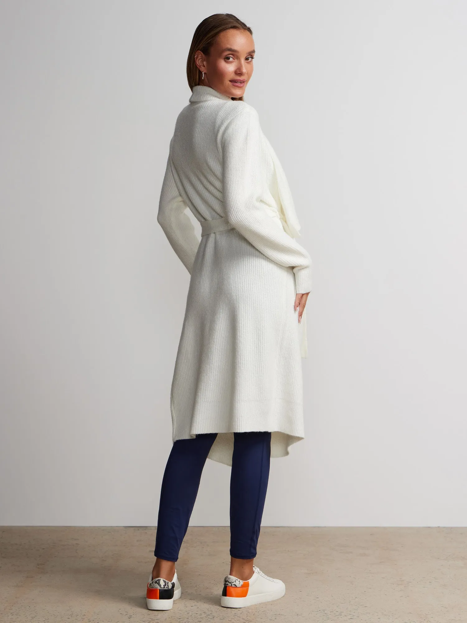 Draped Collar Tie Waist Long Cardigan