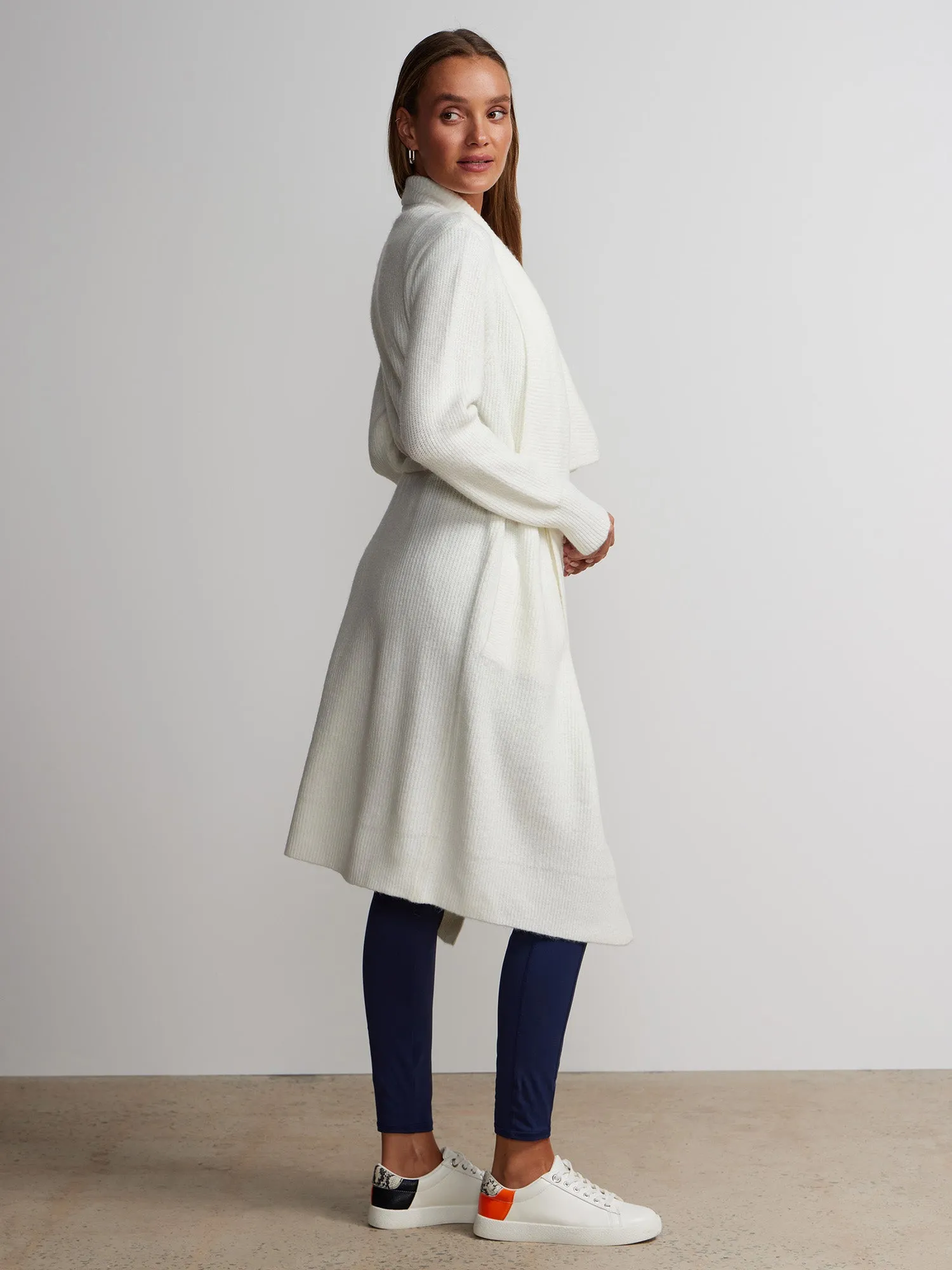 Draped Collar Tie Waist Long Cardigan