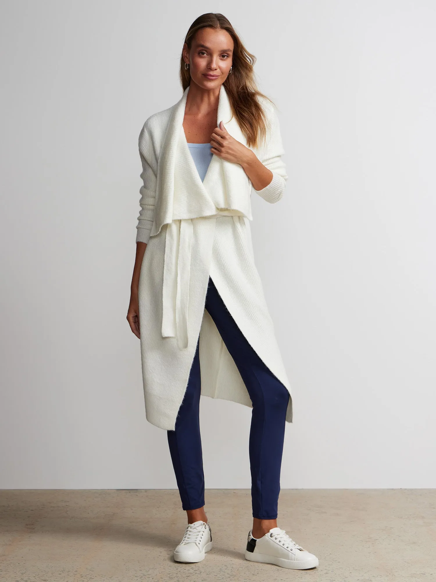 Draped Collar Tie Waist Long Cardigan