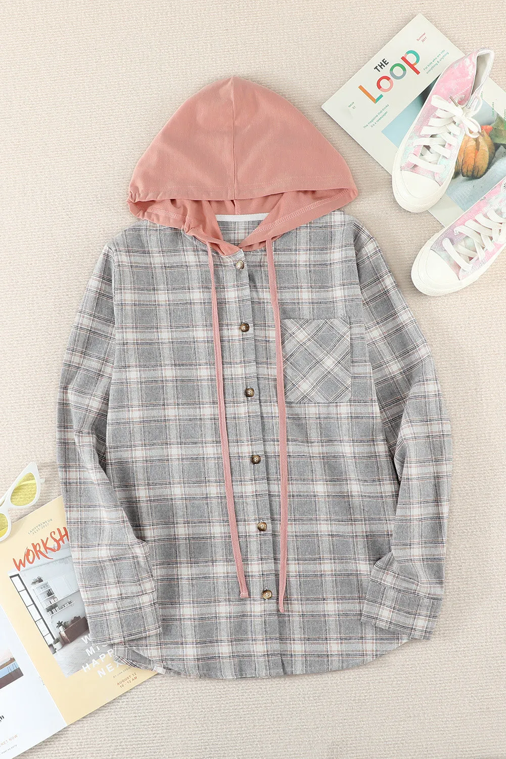 Drawstring Plaid Hooded Shacket